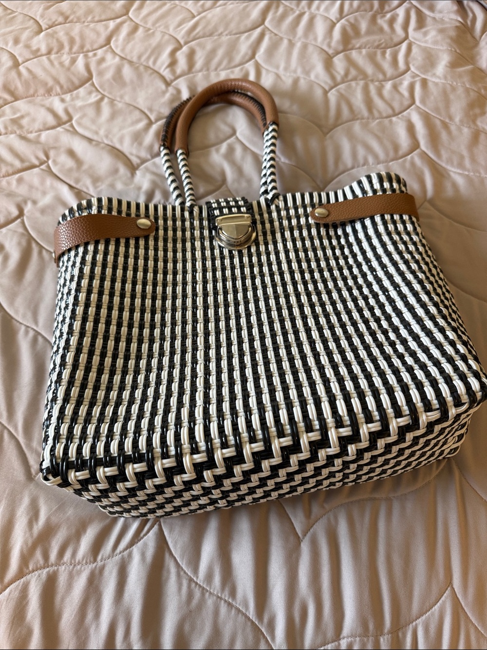 Woven Black & White Tote with Brown Leather Trim